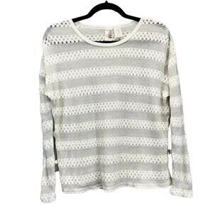Francesca's Women's White Sliver Metallic Sheer Striped Pullover Sweater Sz L